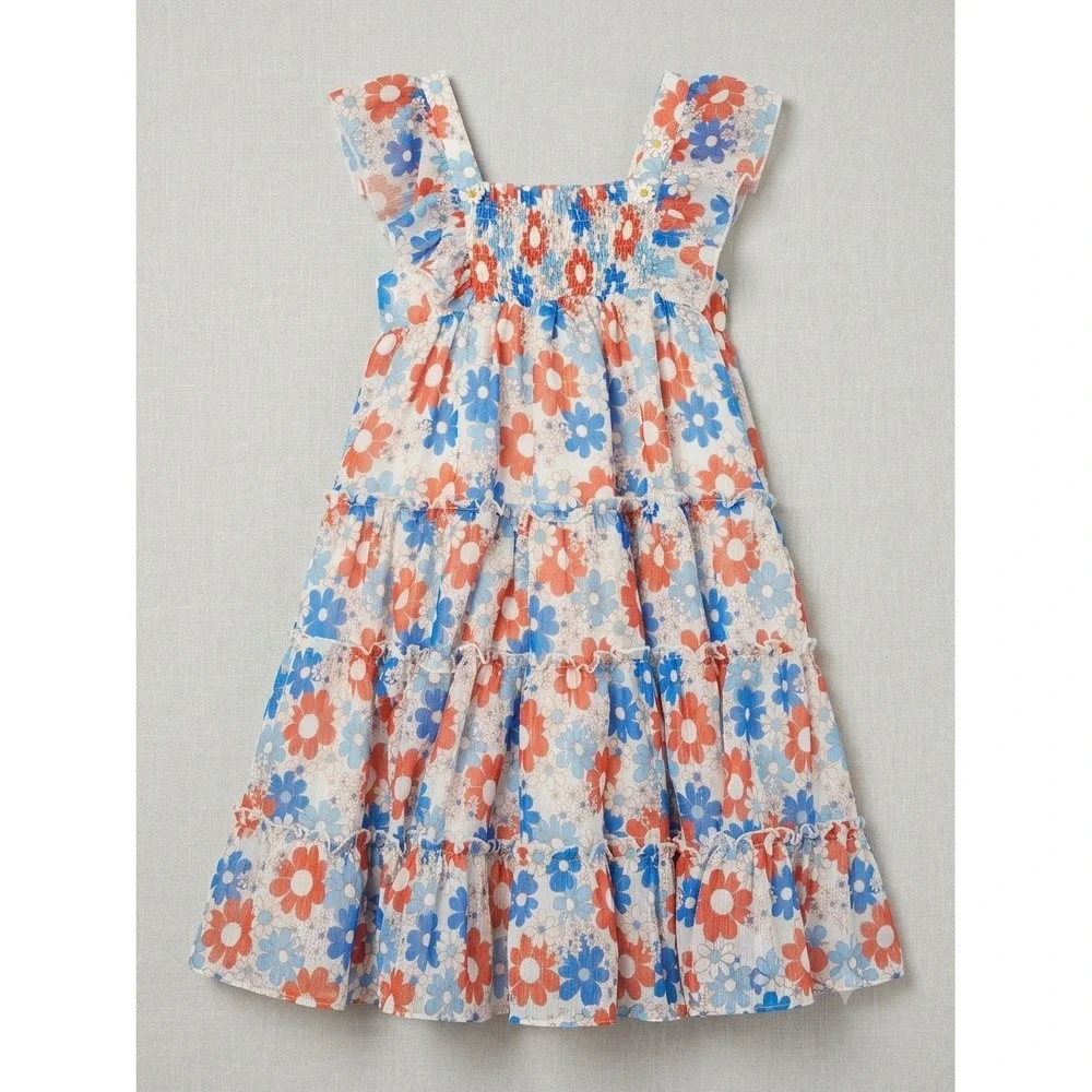 Cheeky Plum Girls Blue Orange Floral Smocked Tiered Flutter Sleeve Dress 6Y